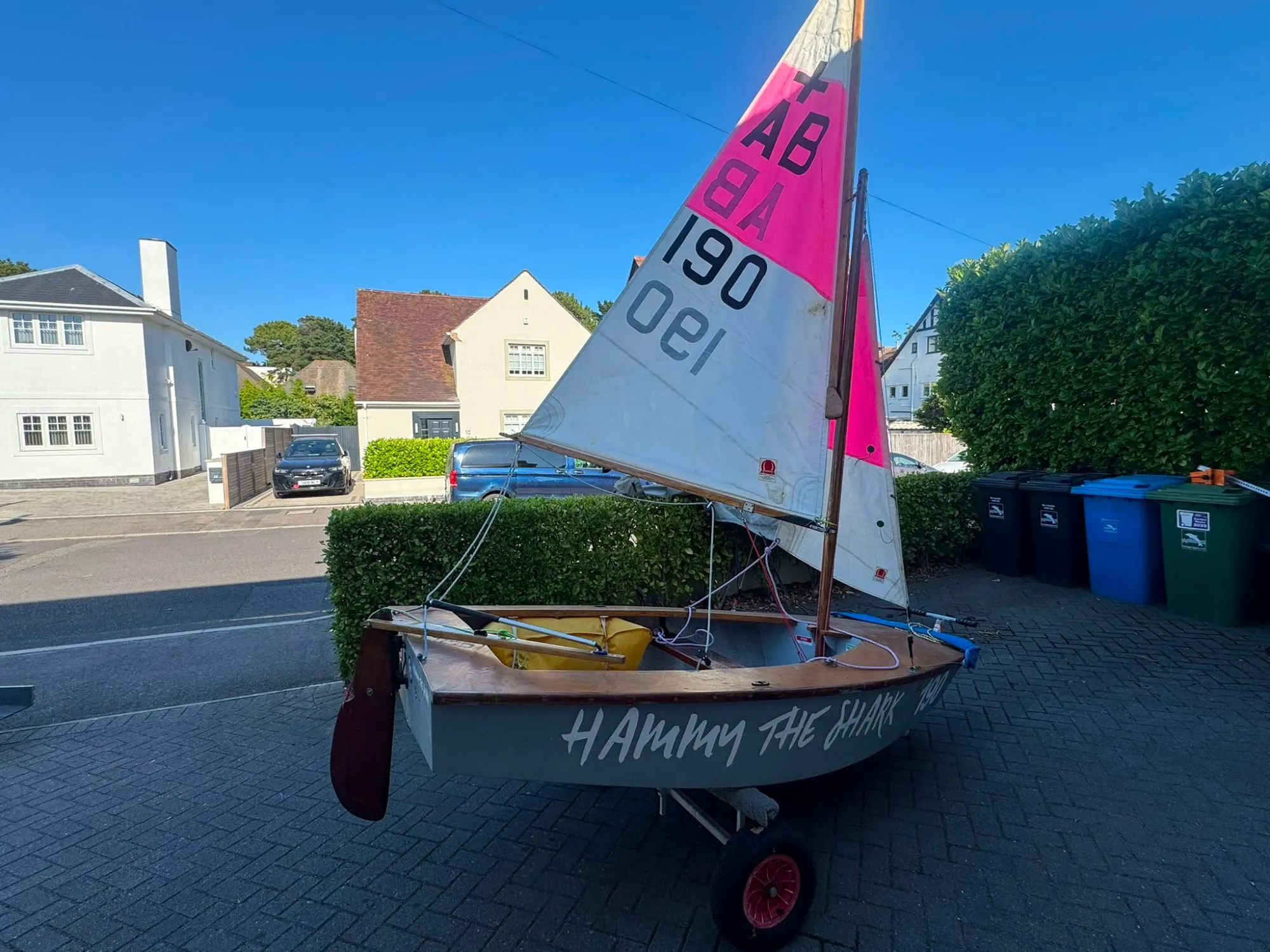 AB 190 Hammy the Shark rigged on her launching trolley, pink and white sails numbered 190, the name HAMMY THE SHARK in white on her grey topsides and a dark wooden rudder hung on the transom.