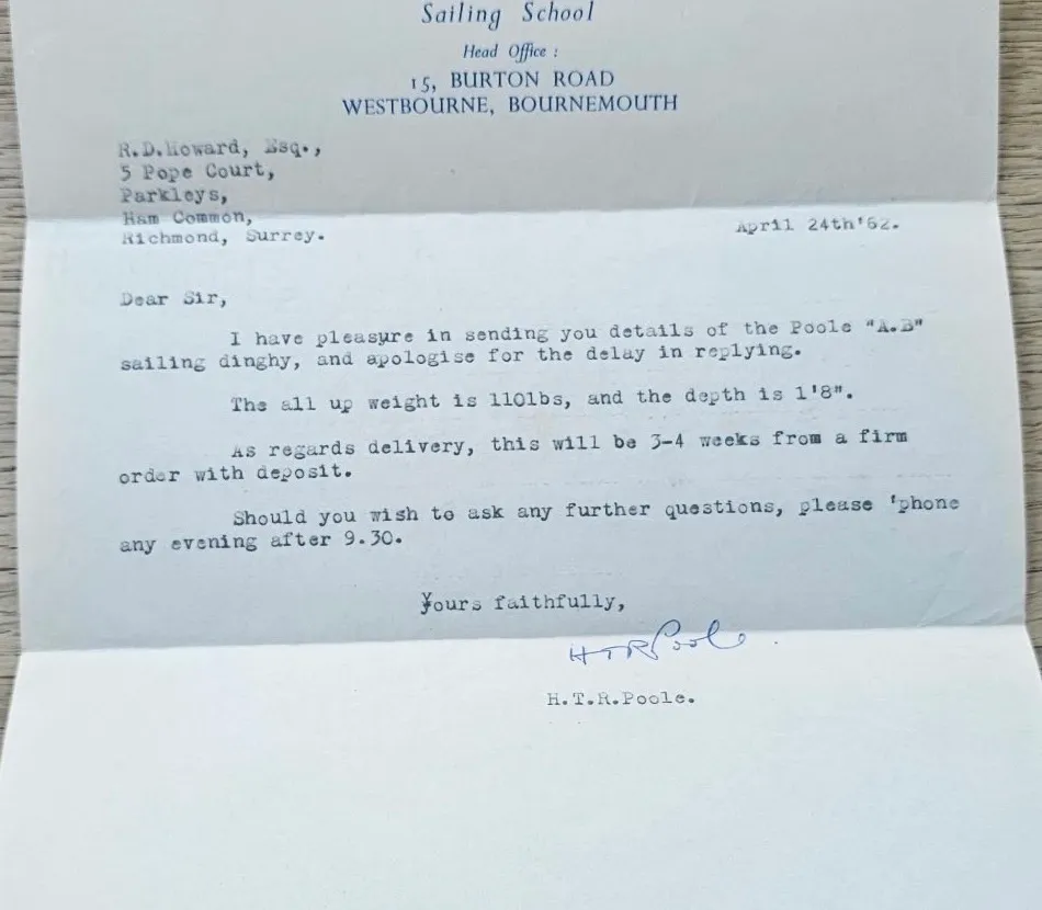 A typed letter dated April 24th 1962 on H. T. R. Poole letterhead — Boat Builders and Designers, Sailing School, head office 15 Burton Road, Westbourne, Bournemouth, works at Hamworthy Junction, Poole — answering an enquiry about the Poole A.B. and signed by hand