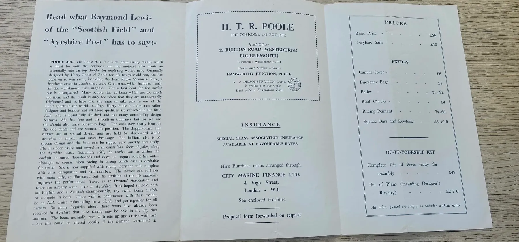 The inside of the brochure opened flat — a reprinted press notice about the Poole A.B., the builder’s panel for H. T. R. Poole with insurance and hire purchase terms, and a price list