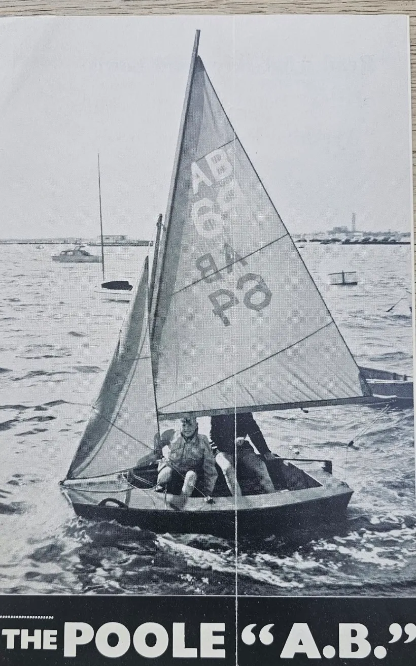 The cover of a period sales brochure headed THE POOLE “A.B.”, with a black-and-white photograph of an AB under sail in Poole Harbour, two crew aboard