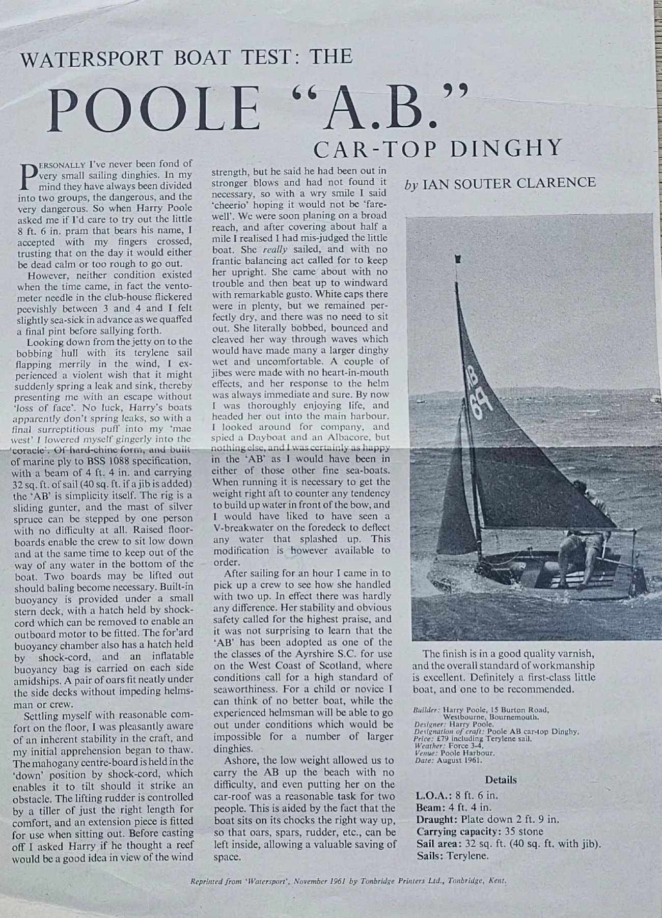 A magazine page headed WATERSPORT BOAT TEST: THE POOLE “A.B.” CAR-TOP DINGHY by Ian Souter Clarence, three columns of type beside a photograph of an AB sailing hard with two aboard, and a details panel at the foot